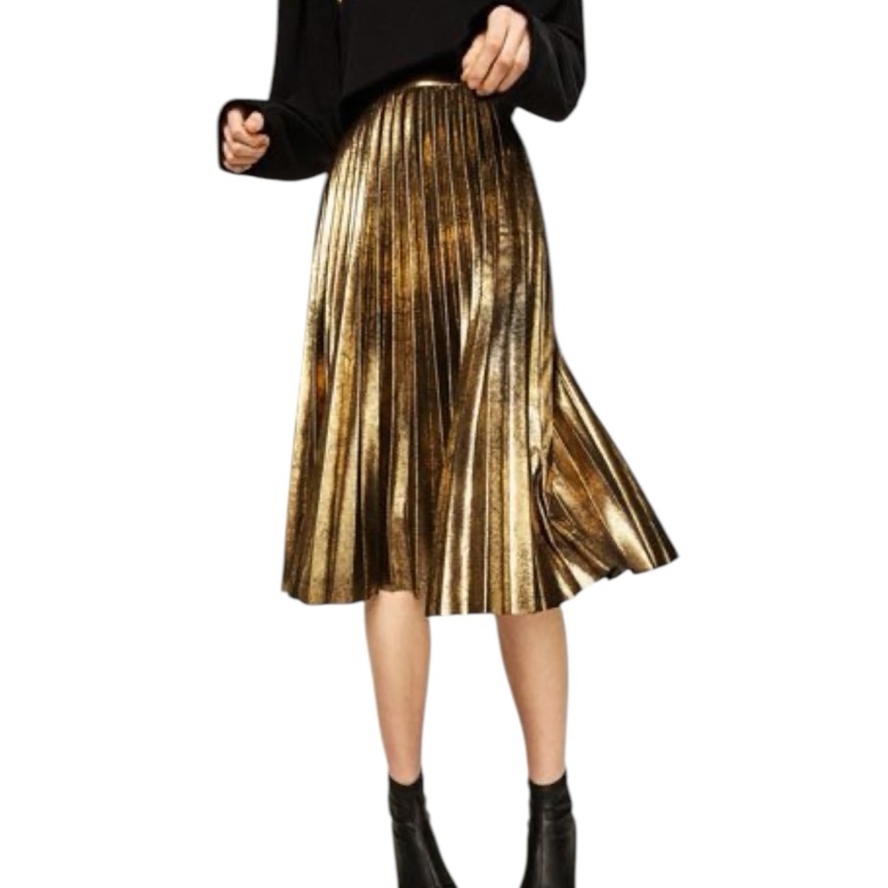Zara Metallic Gold & Black Plisse Pleated Midi A-Line Skirt - XS